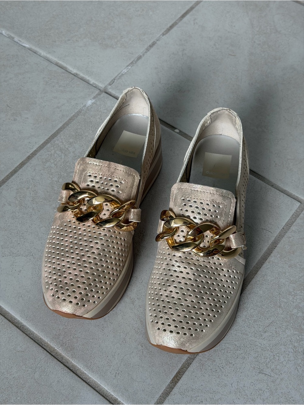 Dolce Vita Metallic Beige Loafers with Gold Chain